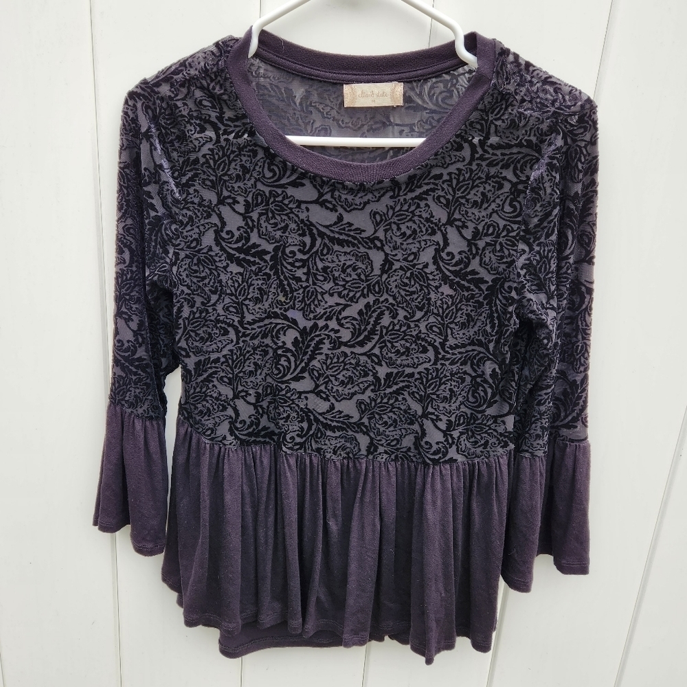 Altar'd State Size Medium Black Velvet Damask Rayon Peplum Womens Babydoll Top.